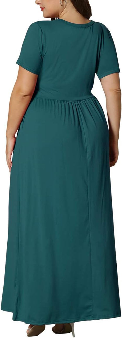 Women'S plus Size Short Sleeve Loose Plain Casual Long Maxi Dresses with Pockets