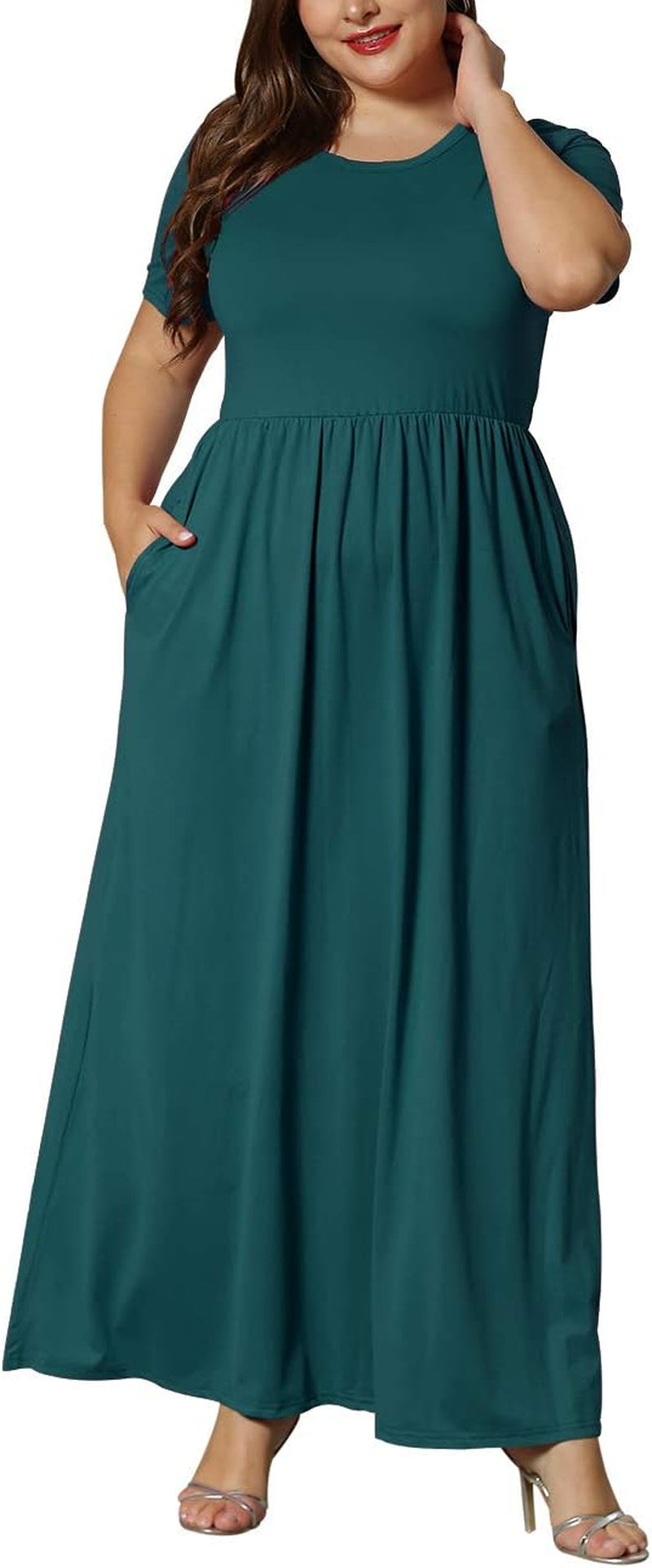 Women'S plus Size Short Sleeve Loose Plain Casual Long Maxi Dresses with Pockets